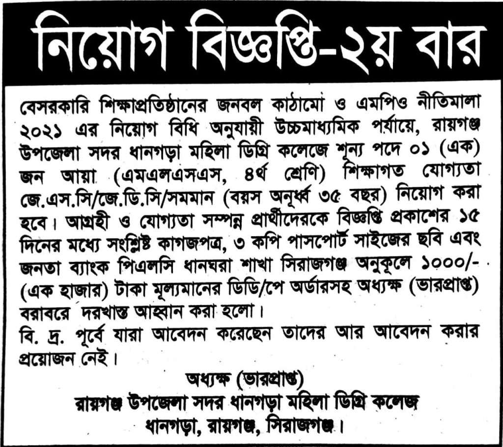 নিয়োগ বিজ্ঞপ্তি-২য় বার